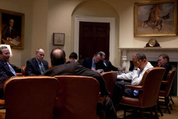 President Barack Obama meets with senior advisors in the Roosevelt Room.  2/16/09. Official White House Photo by Pete Souza