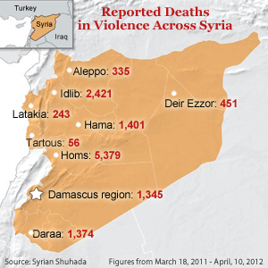 Reported Deaths in Violence Across Syria April 2012; numbers from Syria Shuhada; figures from March18, 2011 - April 10, 2012 Diagram by Voice of America