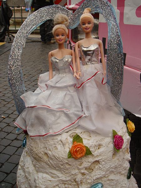 "Lesbian" wedding mock-cake at the Roma Gay Pride in 2008. Picture by Stefano Bolognini via wikimedia commons.