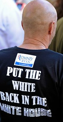 bald man put white in white house tshirt Romney rally