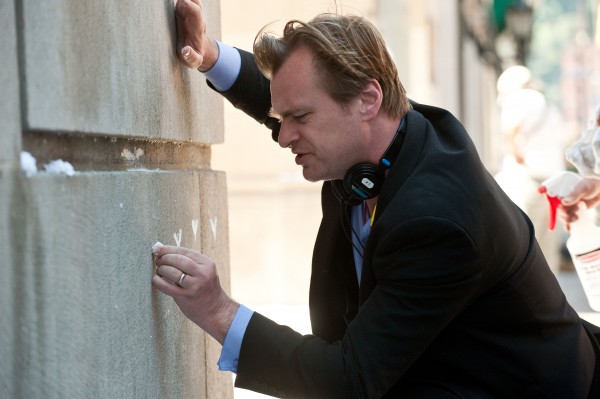 Christopher Nolan dark knight rises set chalk bat symbols