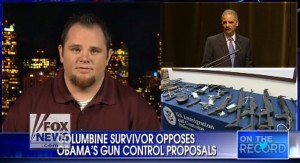 Evan Todd, a Columbine survivor, is speaking out against President Obama's gun control plans. photo screenshot Fox interview