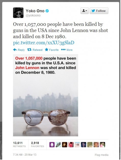 Yoko Ono tweeted this photo of John Lennon's bloodied glasses. Image source: Twitter screenshot