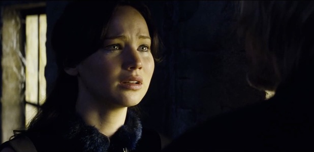tearful Jennifer Lawrence as Katniss