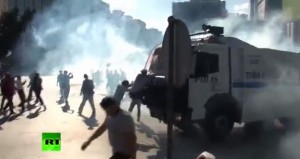 Turkey protesters and police clash photo screenshot RT video, see below