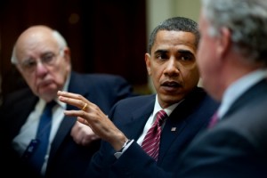 President Barack Obamaa, flanked by Paul Volcker, left, and General Electric Chief Executive Officer Jeffrey Immelt, right, comments during the Economic Recovery Advisory Board meeting in the Roosevelt Room of the White House. 2009 photo Pete Souza, White House photo