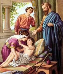 Elisha raising the Shunammites Son pre 1923 Bible card via wikimedia commons 