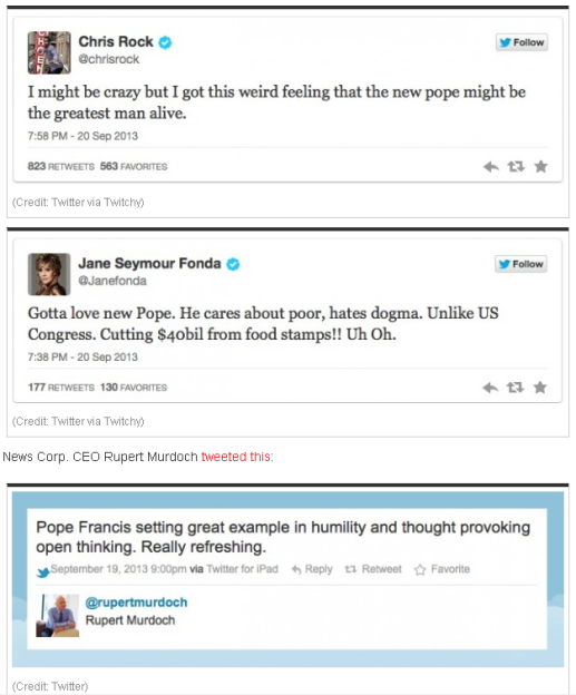 Celebs CHris Rock Jane Fonda Rupert Murdoch praise Pope Francis