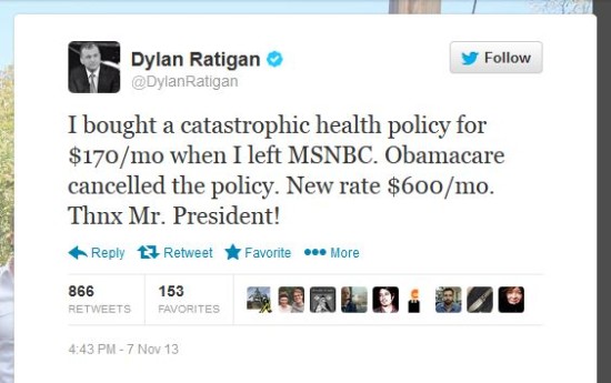 Dylan Ratigan tweet Obamacare policy cost changes