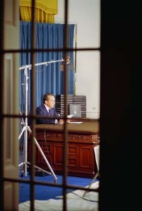 President Nixon delivers an Address to the Nation from the Oval Office responding to subpoenas for the White House Tapes with edited transcripts.
