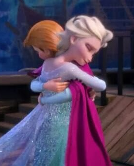 Frozen princesses hug one another