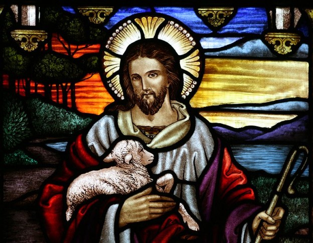 Stained glass at St John the Baptist's Anglican Church [1], Ashfield, New South Wales. Illustrates Jesus' description of himself "I am the Good Shepherd"  Stained glass: Alfred Handel, d. 1946  photo:Toby Hudson via wikimedia commons