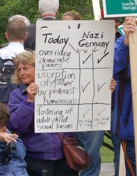 Anti-gay protest carrying sign making comparisons to Nazi Germany in 2007 photo/Tim Pierce via wikimedia commons