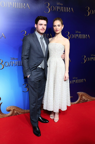 Richard Madden, Lily James at "Cinderella" screening Moscow, photo Getty Images