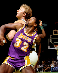 Los Angeles Lakers Magic Johnson and Boston Celtics Larry Bird in Game two of the 1985 NBA Finals at Boston Garden  photo/ Steve Lipofsky,  www.Basketballphoto.com