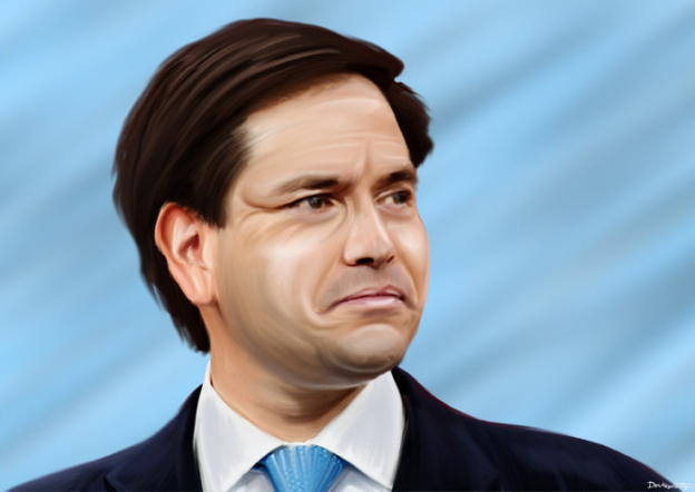 Marco Rubio blue background looking like cries donkeyhotey