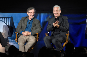 NEW YORK, NY - OCTOBER 08: (Exclusive Coverage) BRIDGE OF SPIES: THE EXCHANGE - a satellite Q&A conversation with Steven Spielberg & Tom Hanks moderated by Jess Cagle on October 8, 2015 in New York City. (Photo by Kevin Mazur/Getty Images for Walt Disney Studios) *** Local Caption *** Jess Cagle; Steven Spielberg; Tom Hanks