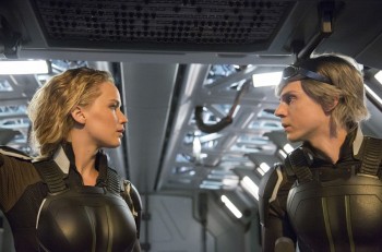 Jennifer Lawrence as Raven / Mystique and Evan Peters as Peter / Quicksilver in X-MEN: APOCALYPSE.