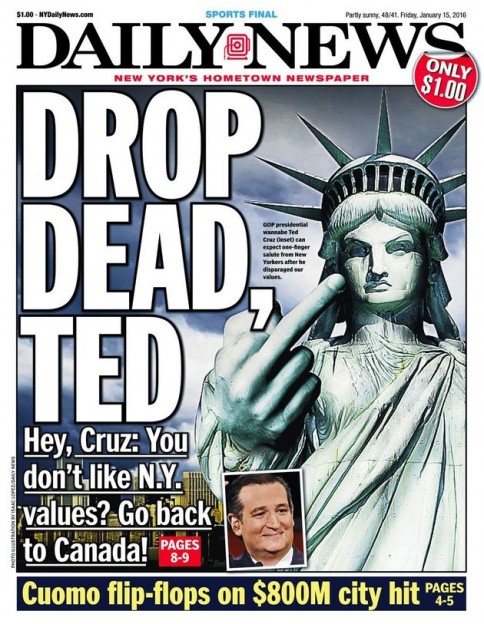 NY Daily news statue of liberty flipping off Ted Cruz Drop dead