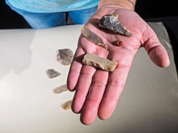 Polished flint axe and blades as well as a gemstone bead. photo/ Assaf Peretz/Israel Antiquities Authority