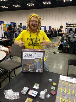 Carl Sommer, founder of Wonky Rhino Games and creator of ZORP (Zombie Oblivion Response Pack) shows off his creation at a gaming convention in Indianapolis. (Photo provided by Carl Sommer)