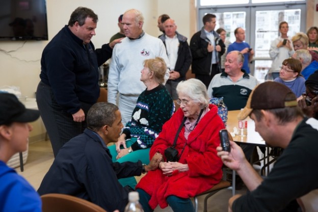 President Barack Obama and New Jersey Gov. Chris Christie talk with local residents at the Brigantine Beach Community Center in Brigantine, N.J., Oct. 31, 2012. (Official White House Photo by Pete Souza)