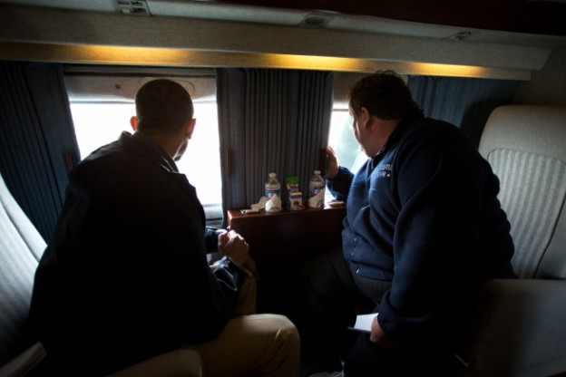 President Barack Obama and New Jersey Gov. Chris Christie look at storm damage along the coast of New Jersey on Marine One, Oct. 31, 2012. (Official White House Photo by Pete Souza)