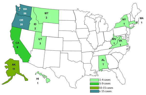 Salmonella Heidelberg outbreak. Number cases by state Image/CDC