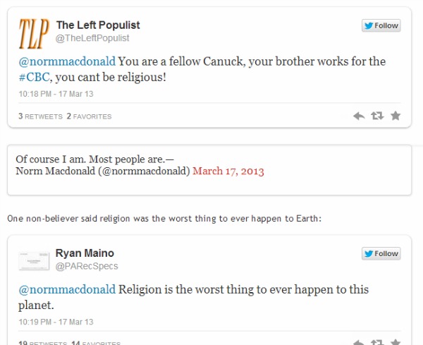 Norm MacDonald attack twitter religion worst thing happen earth