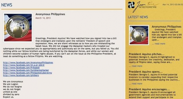 Anonymous Philippines hacks President Aquino's website Image/Computer Screen Shot
