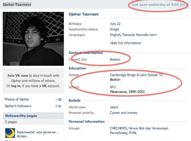 Dzhokhar Tsarnaev "Russian facebook page"