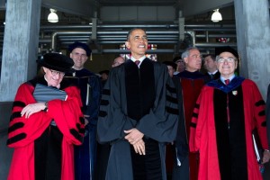 President Barack Obama joins The Ohio State University President E. Gordon Gee, left, and others in the processional before the start of commencement at Ohio Stadium in Columbus, Ohio, May 5, 2013. (Official White House Photo by Pete Souza)