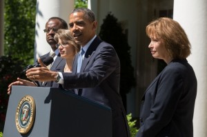 President Barack Obama delivers a statement announcing the nomination of three candidates for the U.S. Court of Appeals for the District of Columbia Circuit, in the Rose Garden of the White House, June 4, 2013. Nominees from left are: Robert Leon Wilkins, Cornelia "Nina" Pillard, and Patricia Ann Millett. (Official White House Photo by Chuck Kennedy)  .