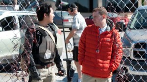 Scott Gimple, right, on the set of "The Walking Dead" with co-star Steven Yeun (Glenn)