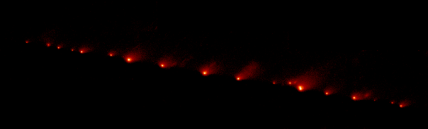 A NASA Hubble Space Telescope (HST) image of comet Shoemaker-Levy 9, taken on May 17, 1994
