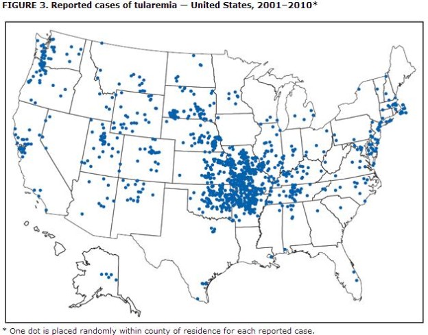 Reported cases of tularemia — United States, 2001–2010