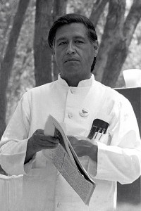 César Chávez at a United Farmworkers rally, 1974. photo Work Permit, retouced by Joel Levine via wikimedia commons
