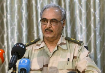 General Khalifa Haftar speaking to reporters photo/screenshot of video coverage