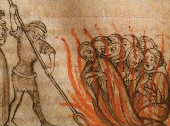 Depiction of Templars being burned at the stake  photo from From the Creation of the World until 1384 vai wikimedia commons
