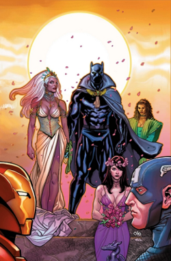 The marriage of Storm and the Black Panther: Promotional art for Black Panther #18 (Sept. 2006) by Frank Cho.