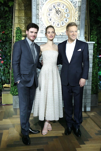 Richard Madden, Lily James and director Kenneth Branagh at "Cinderella" screening Moscow, photo Getty Images