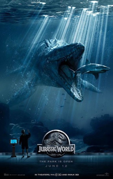 Mosasaurus eating great white shark Jurassic World movie poster
